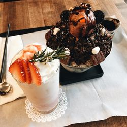 High angle view of dessert on table