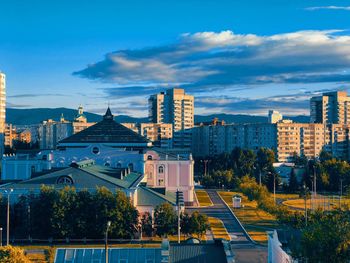 High angle view of buildings in city