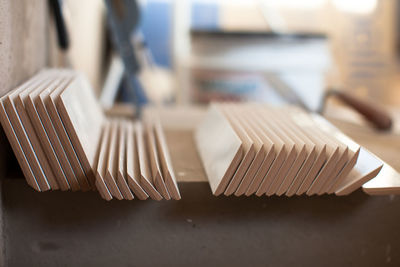 Close-up of piano keys on table