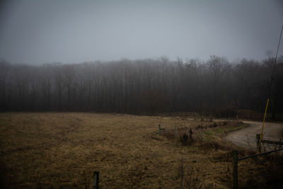 Scenic view of field against sky during foggy weather