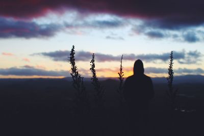Rear view of silhouette woman against sky during sunset