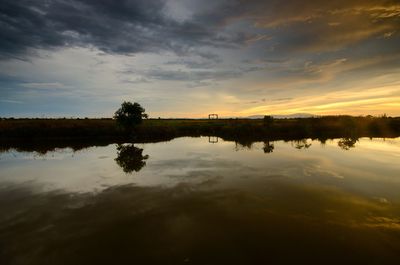 Scenic view of lake against sky at sunset