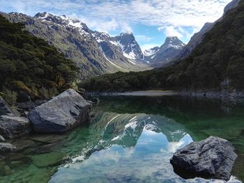 Scenic view of lake and mountains against sky