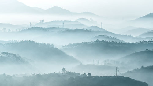 Scenic view of mountains in foggy weather