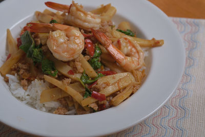 High angle view of seafood in plate on table