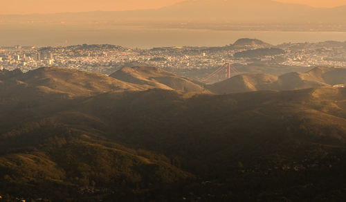 High angle view of cityscape against sky during sunset