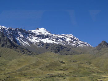 Scenic view of snow covered mountains against sky