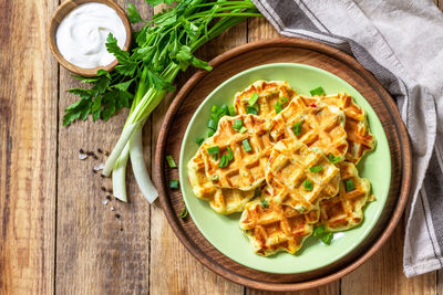 High angle view of food in plate on table