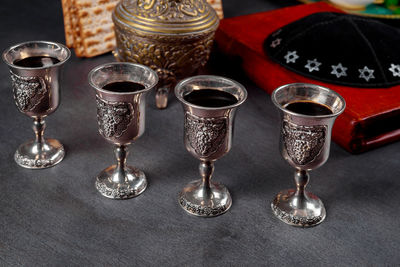 High angle view of wine glasses on table