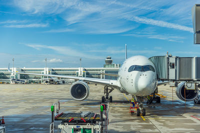 Munich, germany, september 7. lufthansa airbus docked at a gate at munich airport