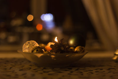 Close-up of christmas decorations on table