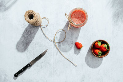 High angle view of fruits in bowl on table