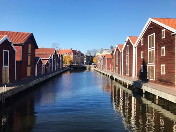 Canal amidst buildings against clear sky