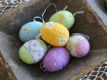 High angle view of easter eggs in basket