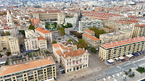 High angle view of buildings in city