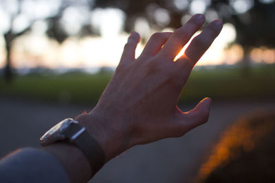 Close-up of hand gesturing during sunset