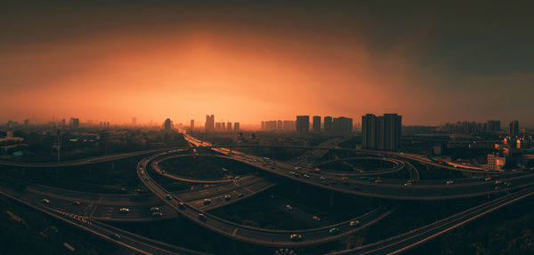 High angle view of the city overpass view at sunset