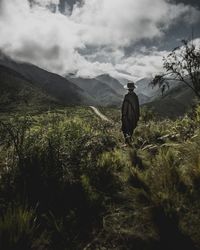 Rear view of man looking at mountain against sky
