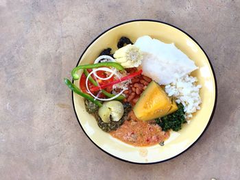 High angle view of breakfast in plate on table