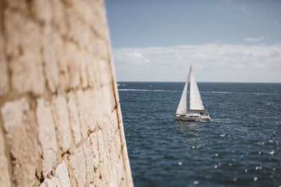 Sailboat sailing on sea against sky