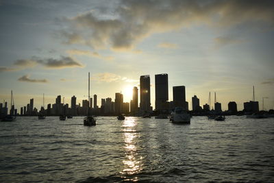 City at waterfront during sunset