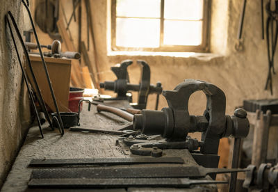 Work tools on workbench in old factory