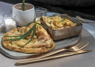 Close-up of breakfast served on table