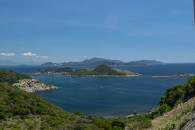 Scenic view of sea and mountains against sky