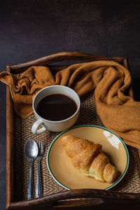 High angle view of breakfast and coffee