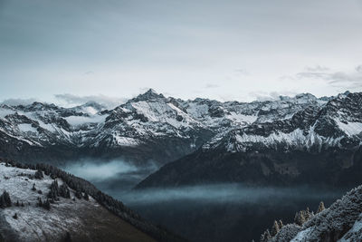 Scenic view of snowcapped mountains against sky