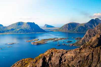 Scenic view of sea and mountains against sky