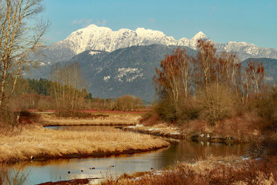 Scenic view of lake and mountains against sky