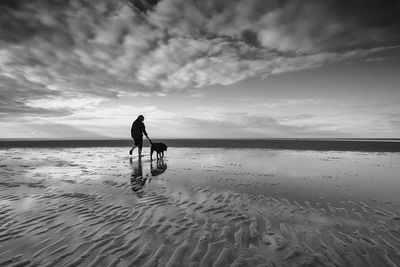 Woman with dog at beach against sky