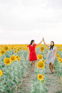 Best friends walking on a sunflower field 