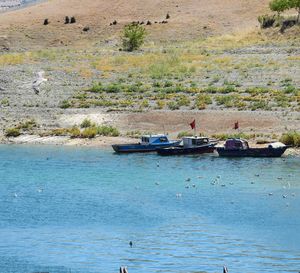 High angle view of people in river