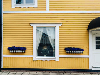 Yellow wooden house with purple potted plants