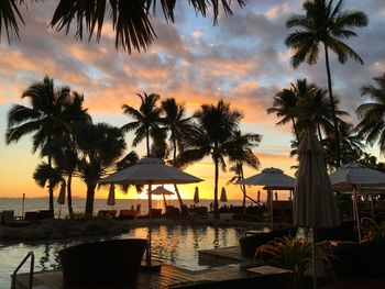 Palm trees by swimming pool against sky during sunset