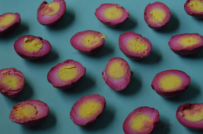 Beet pickled boiled eggs cut into halves