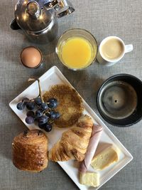 High angle view of breakfast served on table