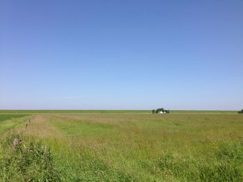 Scenic view of field against clear blue sky