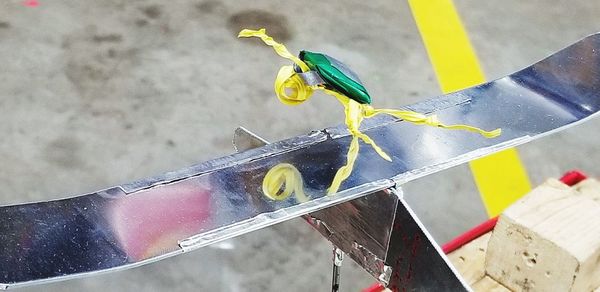 High angle view of bird perching on metal