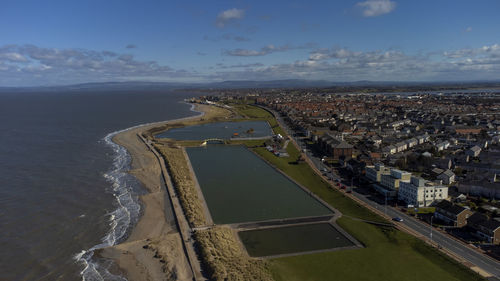 An aerial view of the fleetwood boating lake by the coast of lancashire, uk