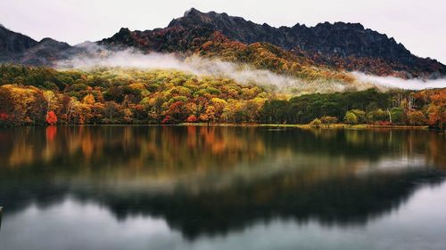 Scenic view of lake by trees against sky