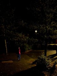 Rear view of woman walking on street at night