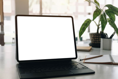 Low angle view of laptop on table