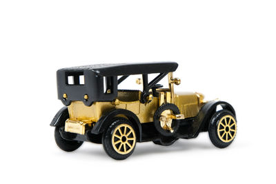 Close-up of toy car against white background