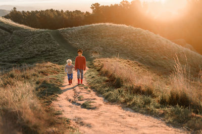 Brothers walking on path in new zealand holding hands