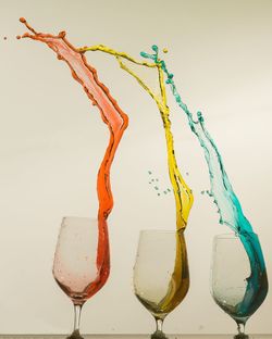 Close-up of multi colored splashing water against white background