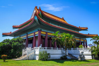 Temple by building against sky