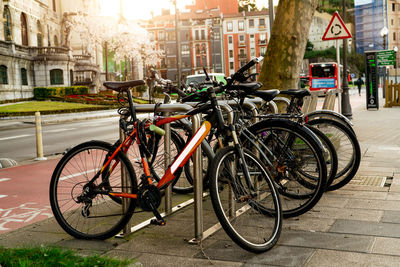 Bicycle at bike station for rent to travel or transport in the city. sustainable travel. 